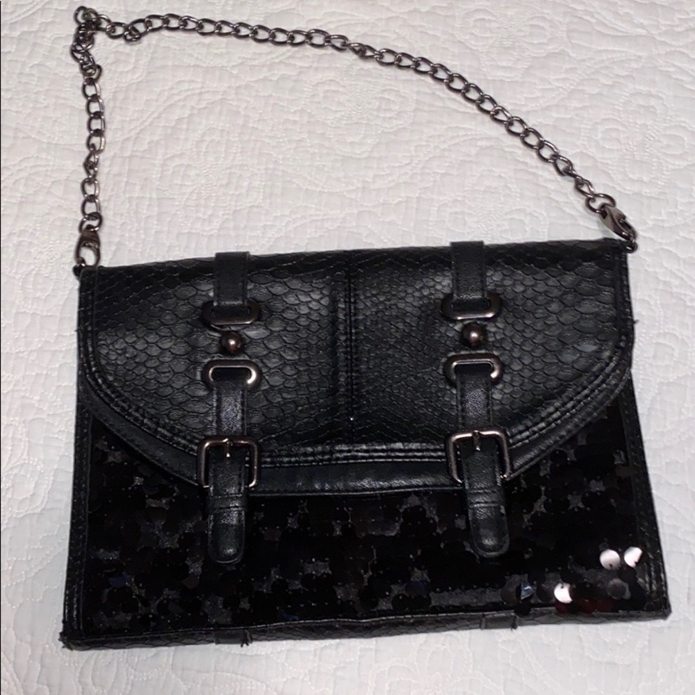 Olivia + Joy Black Leather and Sequin Clutch